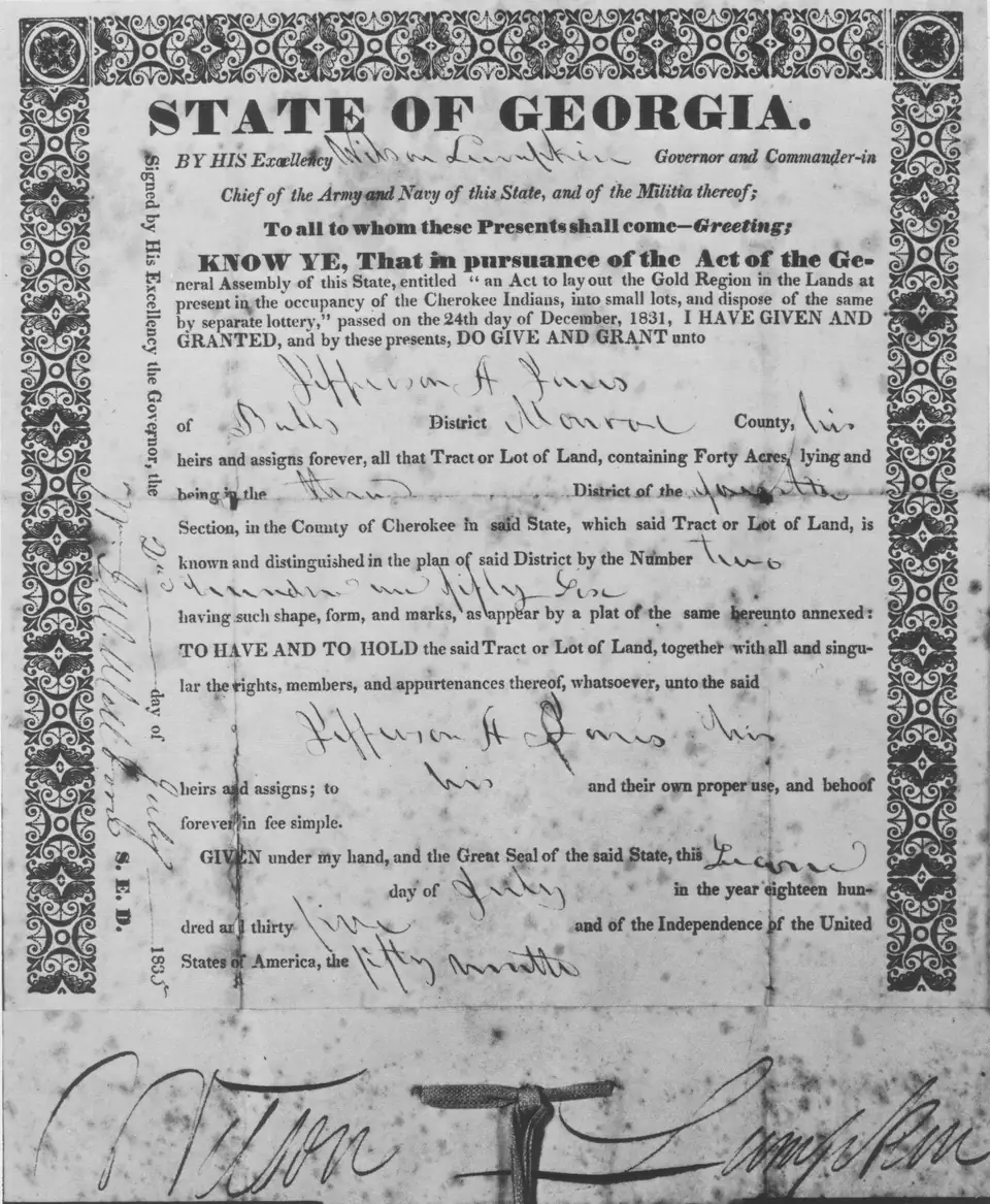 1835 State of Georgia grant for a 40-acre gold lot, signed by Governor Wilson Lumpkin