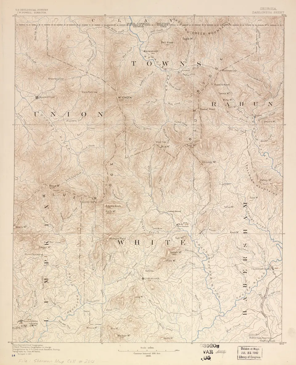 USGS Dahlonega Sheet topographic map surveyed in 1885, with contours, streams and Lumpkin County place names