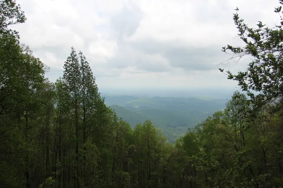 View south from Woody Gap in the Chattahoochee National Forest, ridges falling away between tall hardwoods